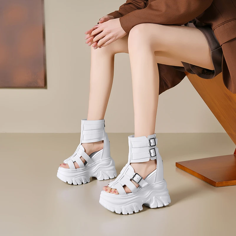 【真皮】超高跟14cm内增高厚底休闲凉靴女春夏季软底罗马镂空洞洞鞋