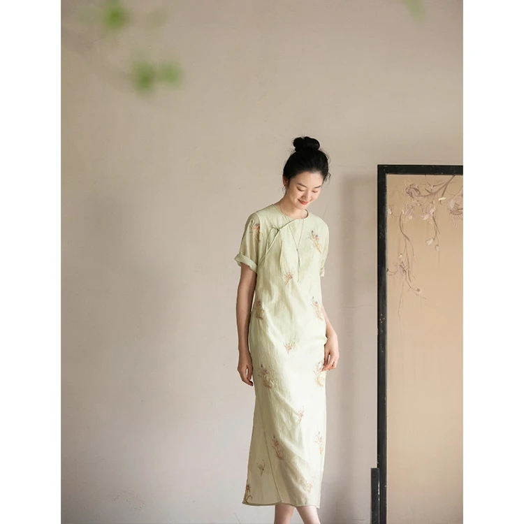 【匠染炒色】牧衣游原创 丝棉刺绣轻薄禅意复古文艺改良旗袍 鸟鸣涧