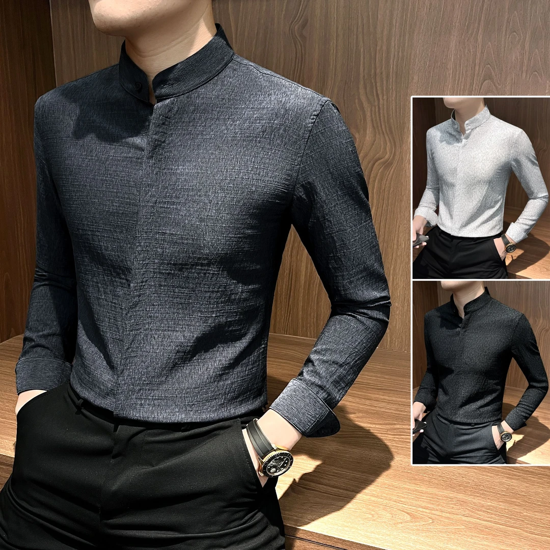 立领暗门襟长袖衬衫男款爆款2025新款英伦雅痞高级休闲商务衬衣男