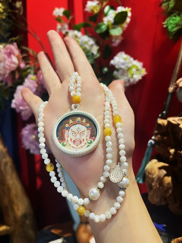 铜合金棉绳项链 白财神宝手工绘画小唐卡嘎乌主播原创