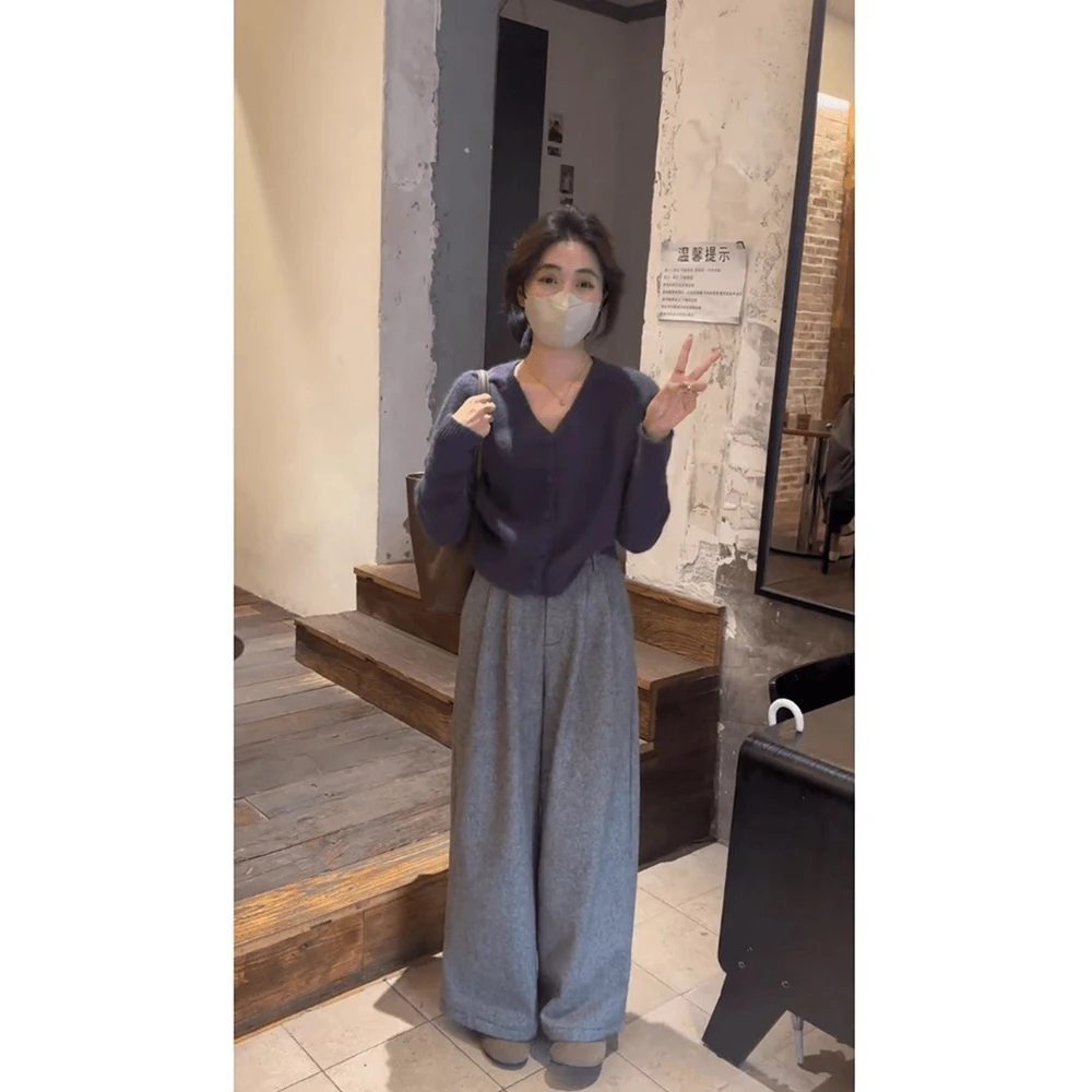 实价现货一整套入冬穿搭紫色针织开衫女秋冬藏青阔腿休闲裤两件套