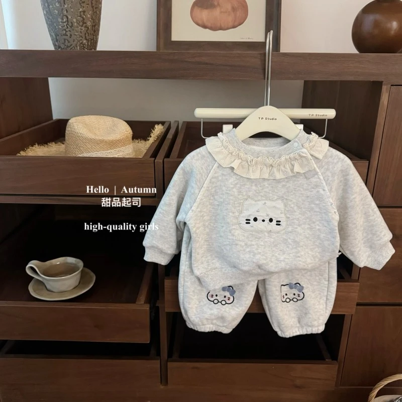 女童加绒套装女宝韩系可爱卡通花边猫咪女宝长袖加绒卫衣卫裤套装
