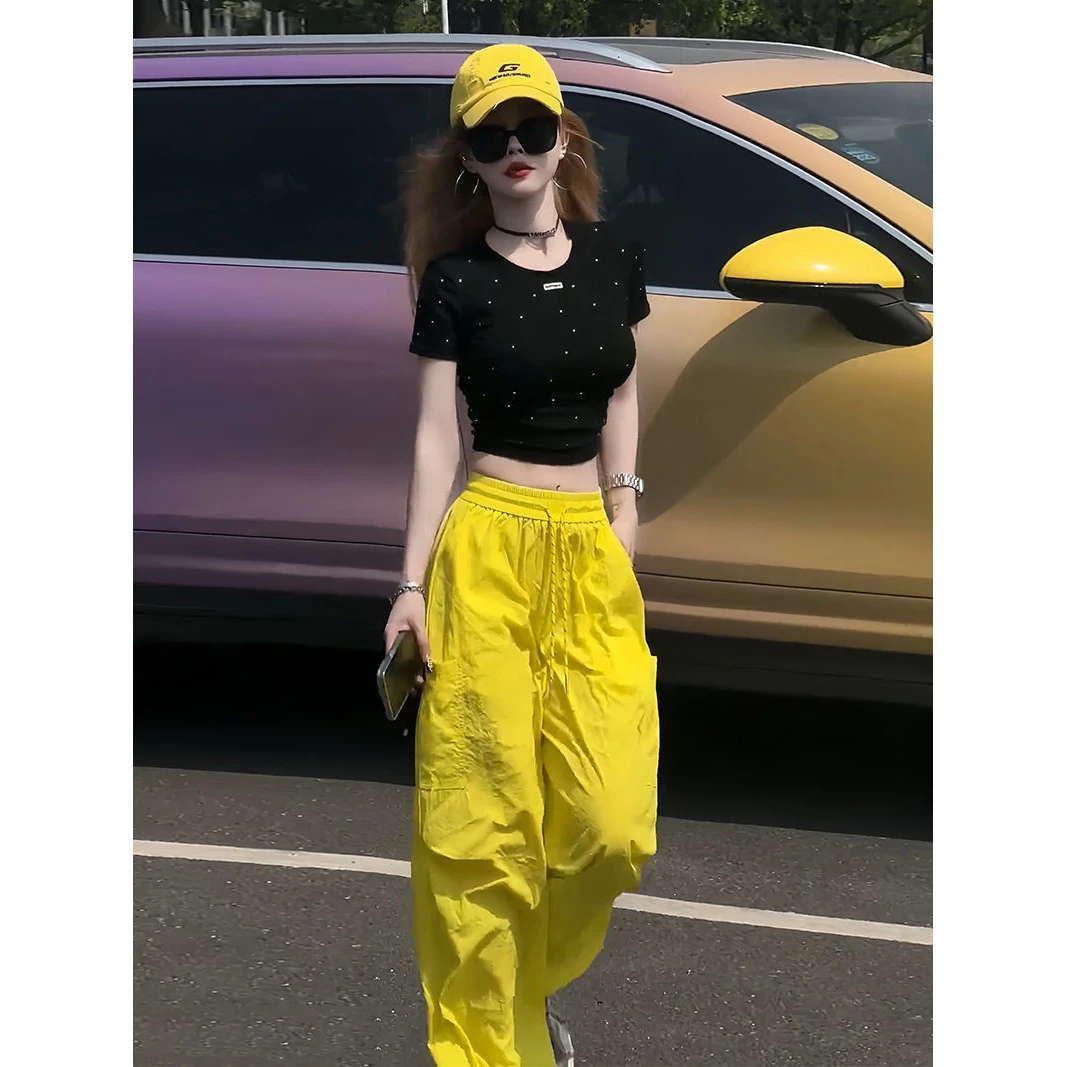 2025夏季新款复古辣妹休闲套装女修身设计感烫钻上衣阔腿裤两件套