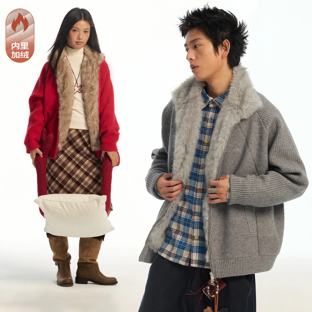 江南先生NewJNXS新年高克重仿貂毛立领座山雕毛衣外套男女款秋冬