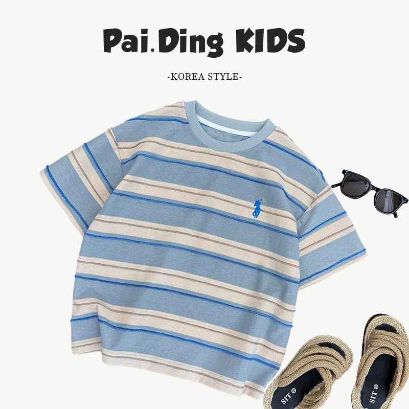 【西西】夏装儿童韩版时尚撞色条纹设计百搭短袖T恤HCXZ4183-XX3