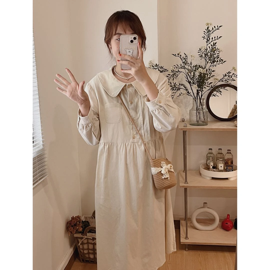 【森女】灯芯绒娃娃连衣裙收腰裙子减龄感休闲宽松