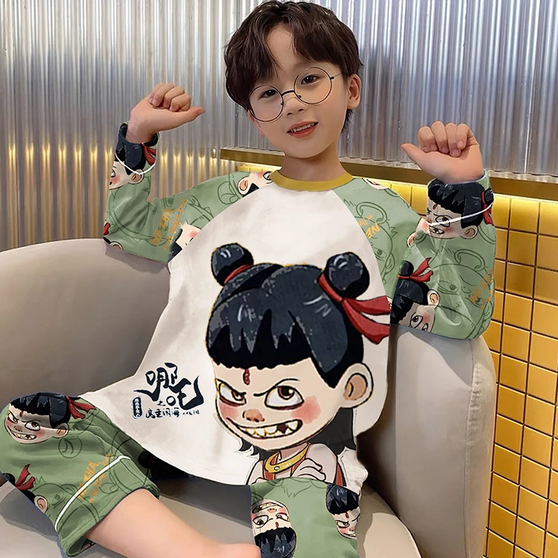 儿童睡衣男童春秋款纯棉全棉春季小男孩中大童家居服哪吒2025新款