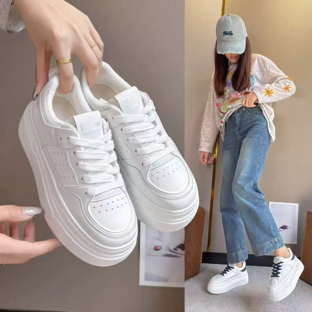 V61板鞋秋季保暖裂纹皮增高休闲板鞋厚底ins女鞋