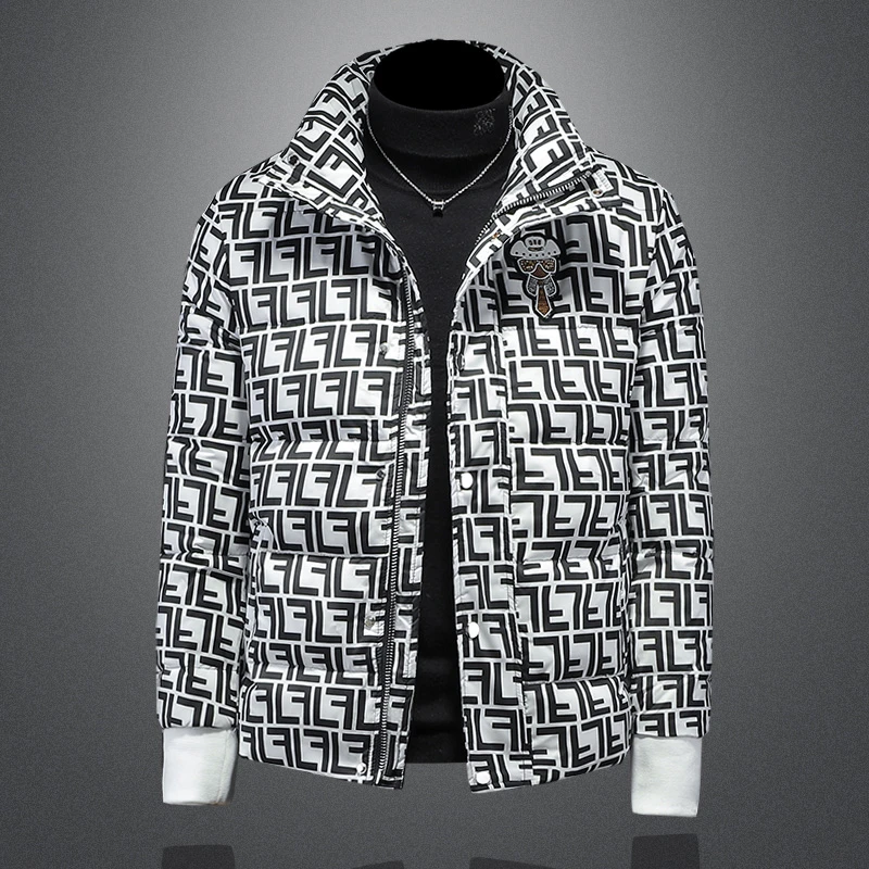 路约威格冬季新款字母印花羽绒服男加厚外套欧洲站白鸭绒保暖短款