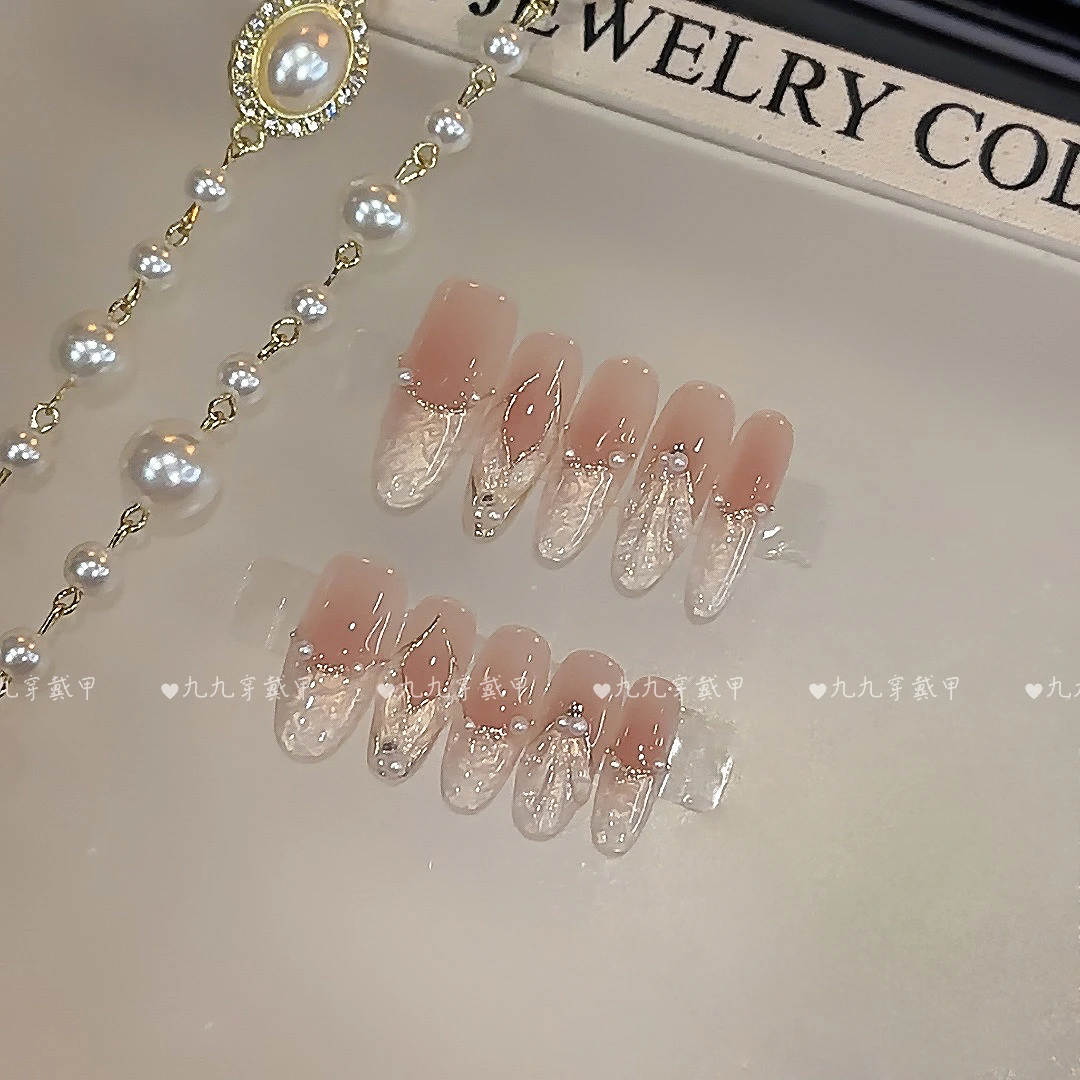 绮鳞梦手工秋冬贝母螺纹腮红冰透光疗美甲可美甲穿戴甲片