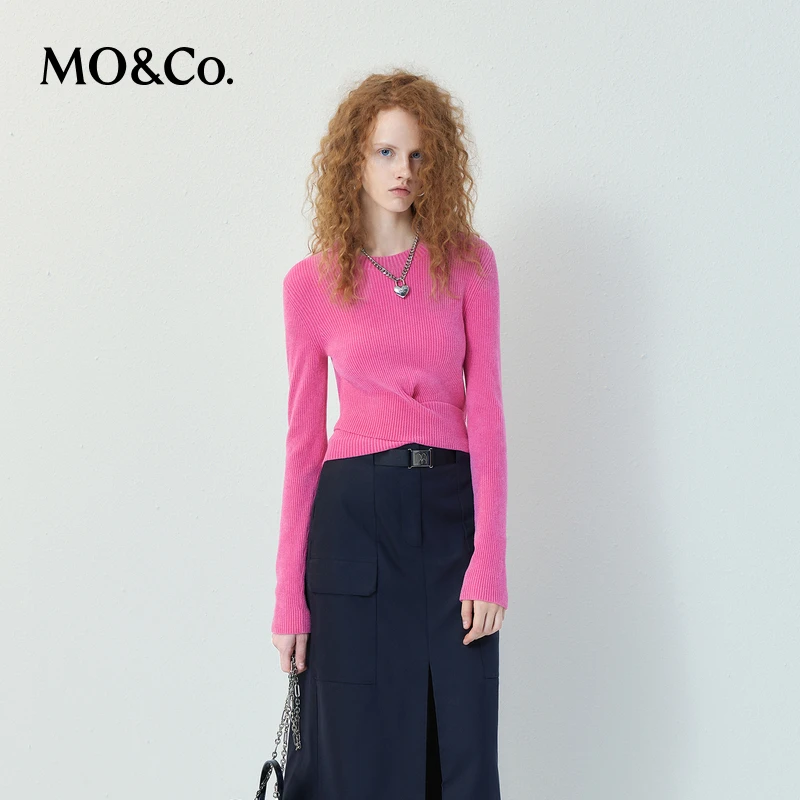 【达人专属】MOCO秋交叉下摆修身短款针织衫美式辣妹MBC3SWTK01