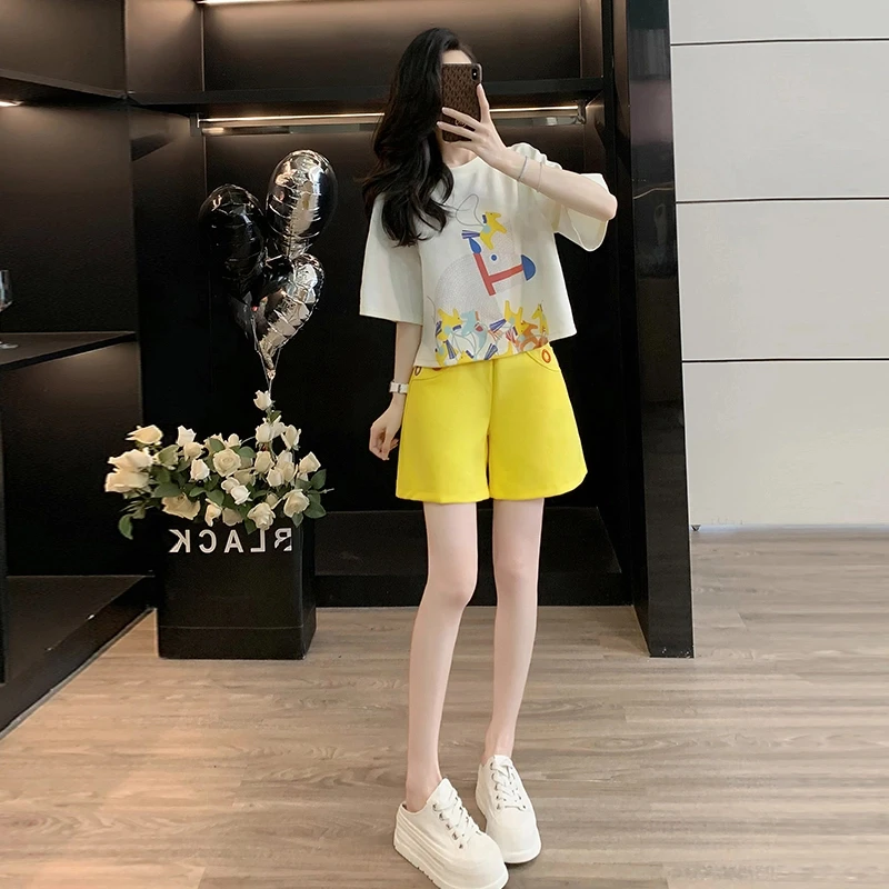 韩版洋气减龄休闲运动套装女夏季时尚显瘦短袖T恤黄色短裤两件套