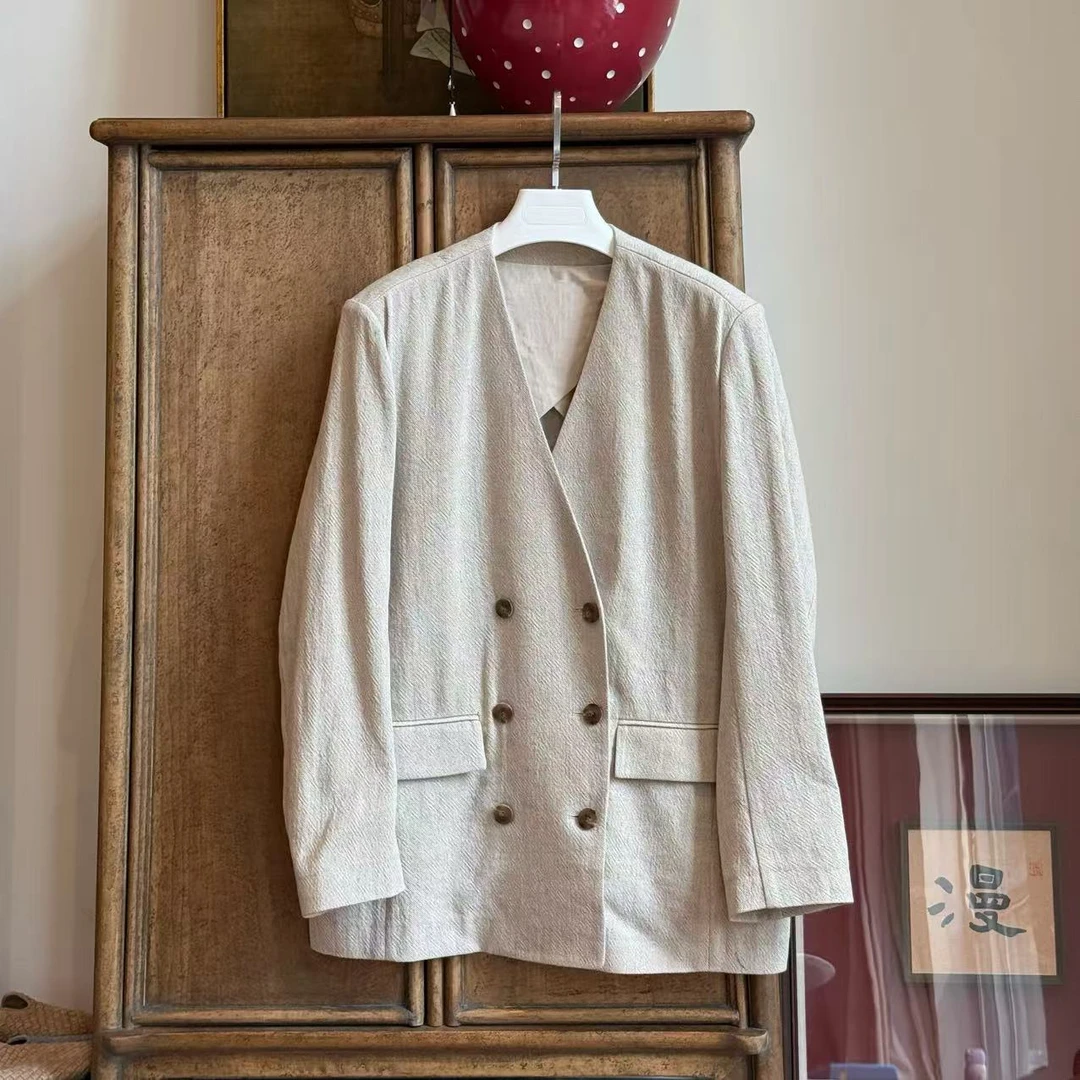 MYL 2025夏季新品棉麻西装外套V领双排扣时尚休闲宽松西装外套