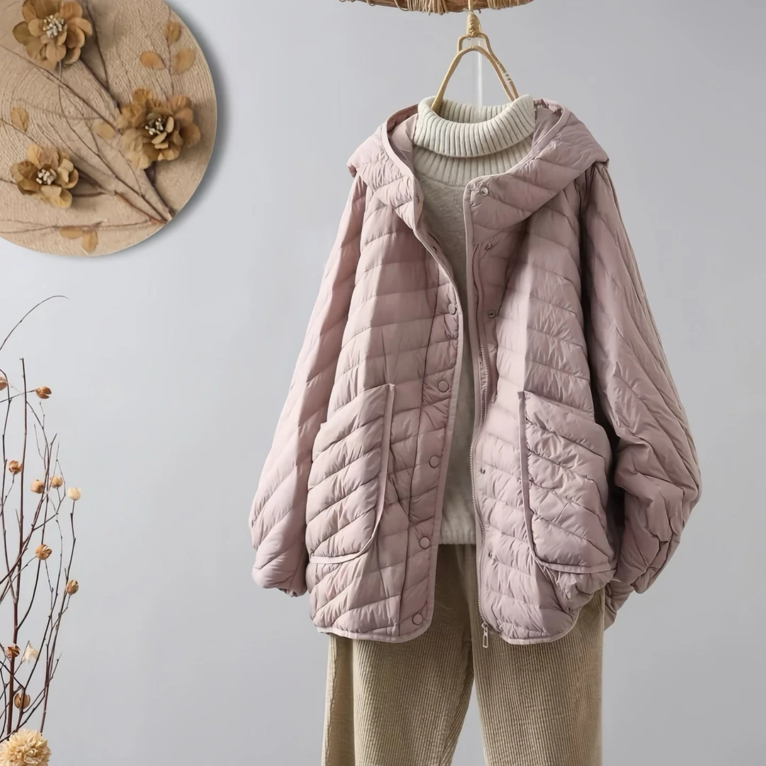 轻薄大码宽松中长款羽绒服女外套纯色连帽轻薄轻便保暖气质百搭款