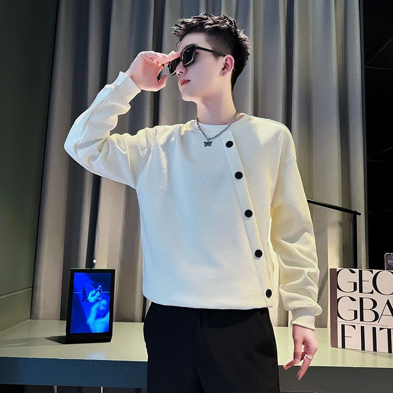 灯芯绒男士卫衣秋冬款潮牌男休闲痞帅新款排扣长袖内搭男士打底衫