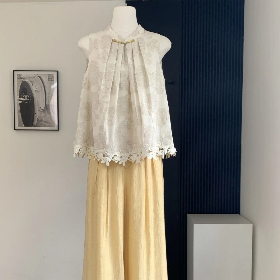 【山茶梨香】夏季新中式气质套装马甲无袖上衣高腰子两件套