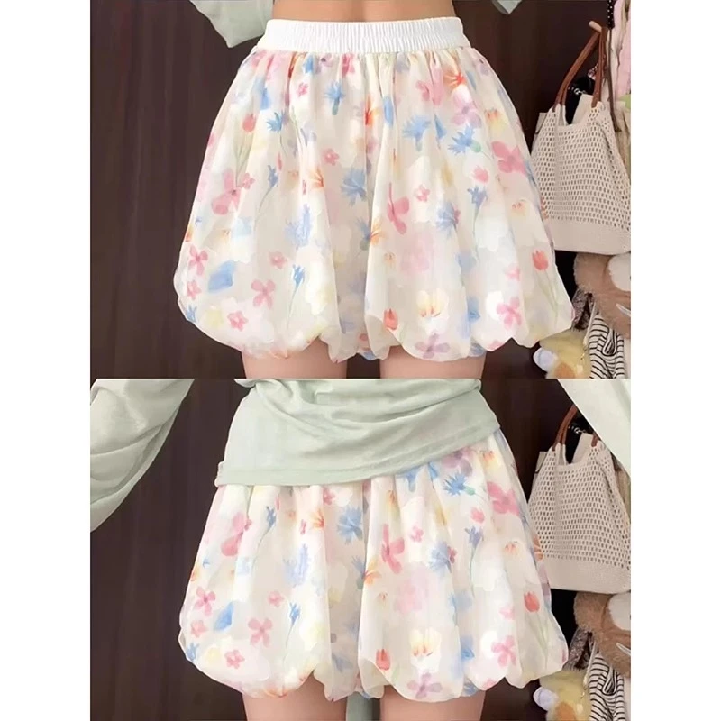 彩色冰丝花苞短裙女夏季新款高腰显瘦a字裙韩式碎花蓬蓬半身裙裤