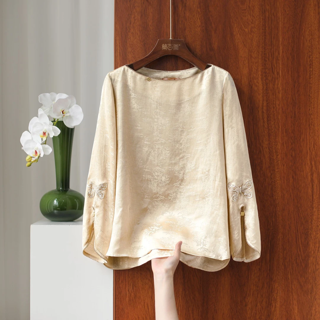 2025长袖一字领领提花船领春夏文艺中式立领宽松复古时尚衬衫