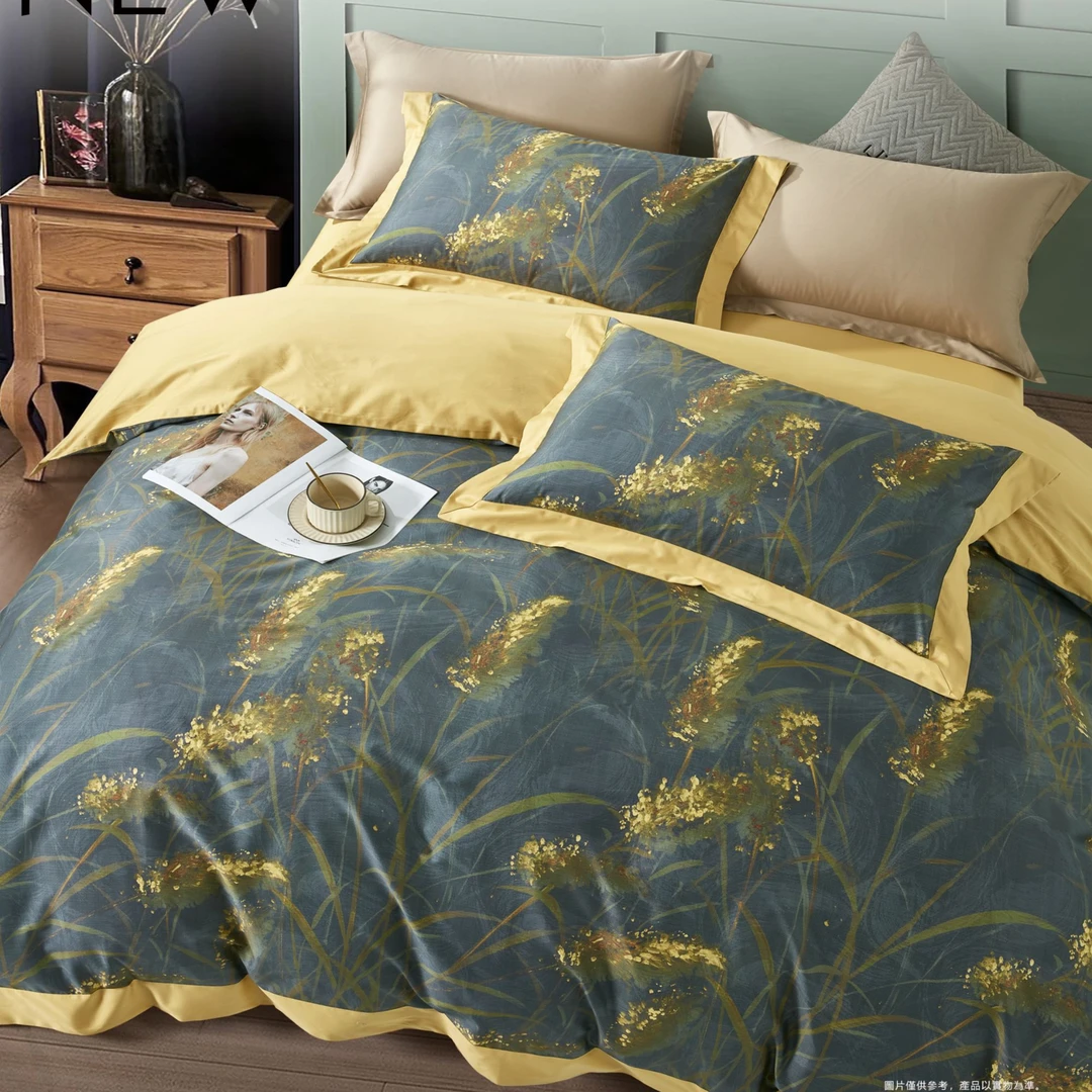 C7592 纯棉100s御棉活性数码印花四件套 风吹麦浪-灰200*230轻奢