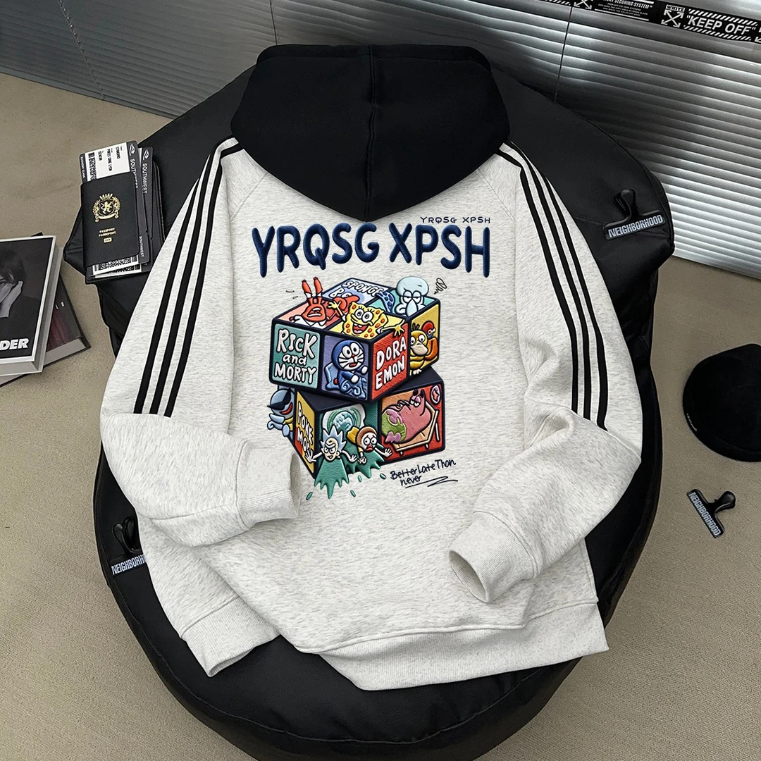 美式卡通魔方印花卫衣秋冬百搭拉链外套男女拼接三条杠连帽开衫