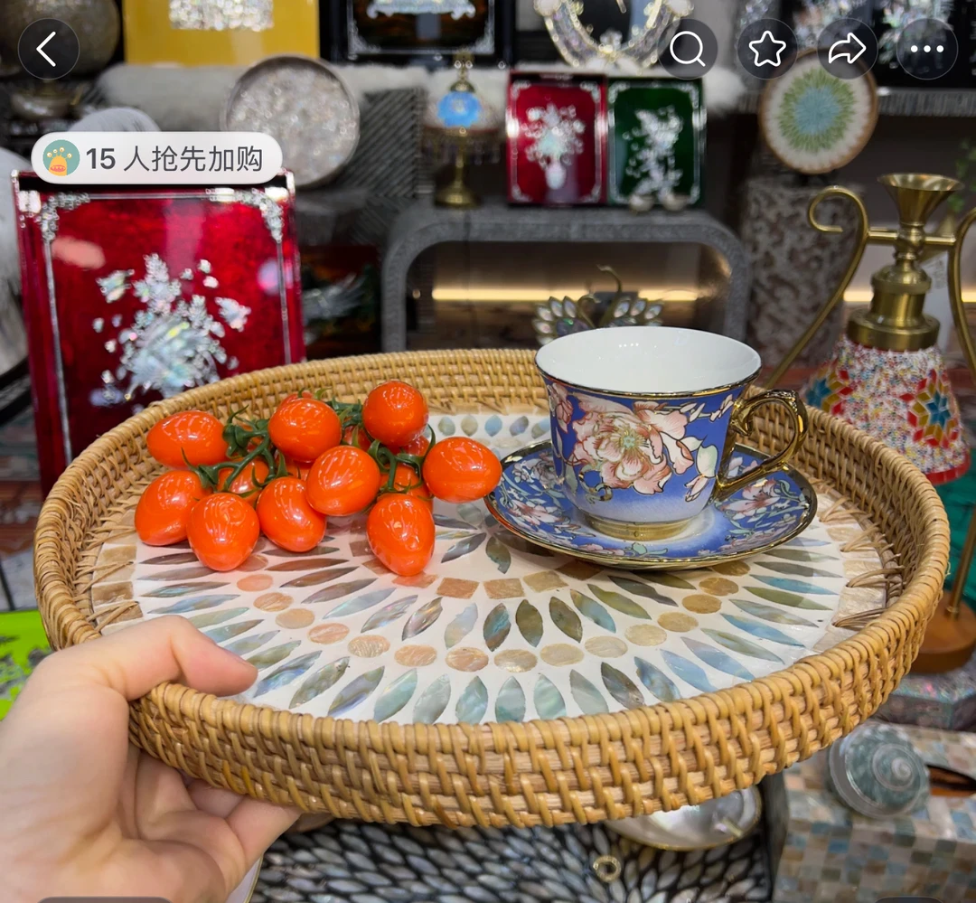 【冰蓝花轮】买一送一越南贝壳藤编圆盘35cm送30cm