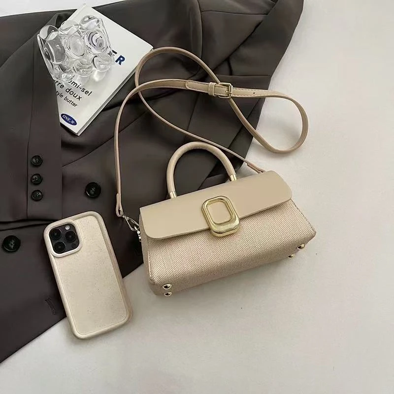 2025新款时尚休闲拼皮手提编织单肩斜跨包（卡其手提）