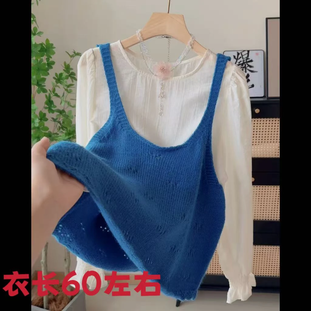 2693韩系清新氛围感甜美减龄娃娃小衫加钩花针织吊带背心套装