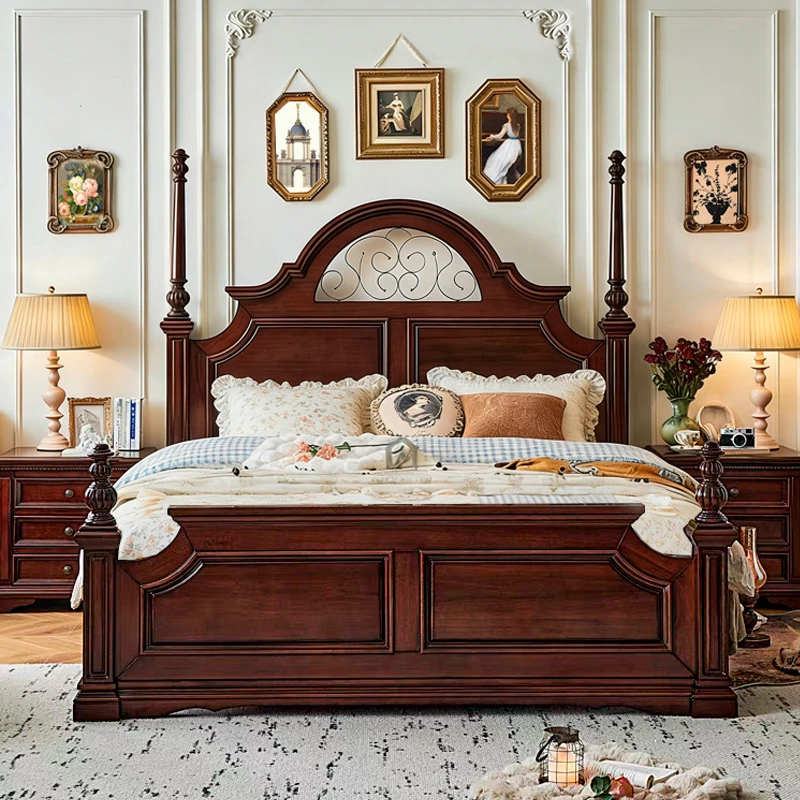 美式复古风可折叠雕刻榫卯实木床轻奢储物婚床木家具