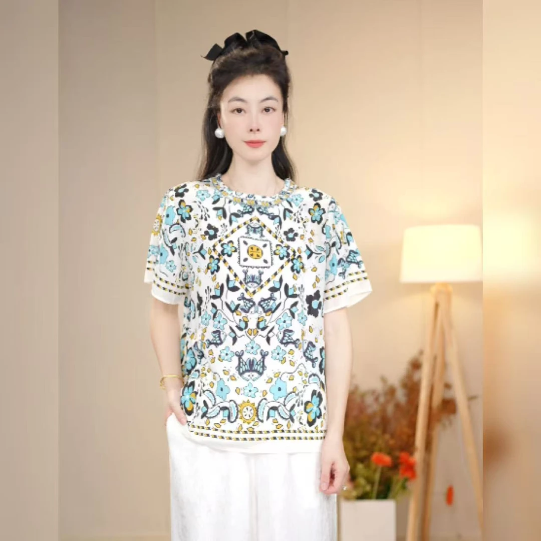 【多米拉】12824彩韵繁花上衣夏季碎花小衫时尚百搭印花圆领春季