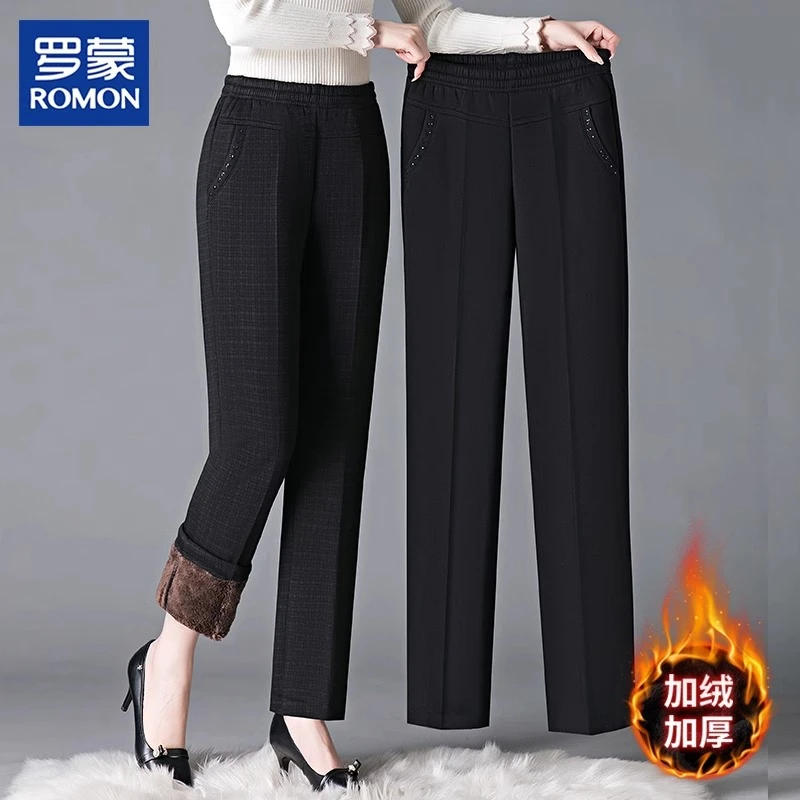 罗蒙妈妈冬装加绒保暖棉裤子新款中老年女装冬季高腰一体绒直筒裤