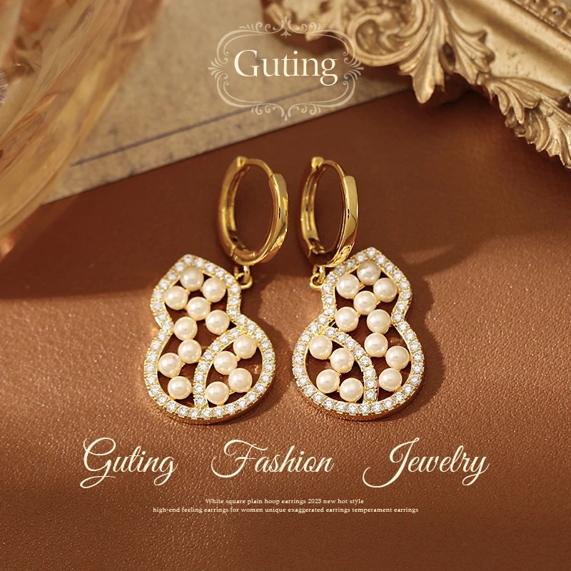 铜合金合成锆石耳饰 21878金色镂空葫芦耳环女2025新款耳钉耳饰