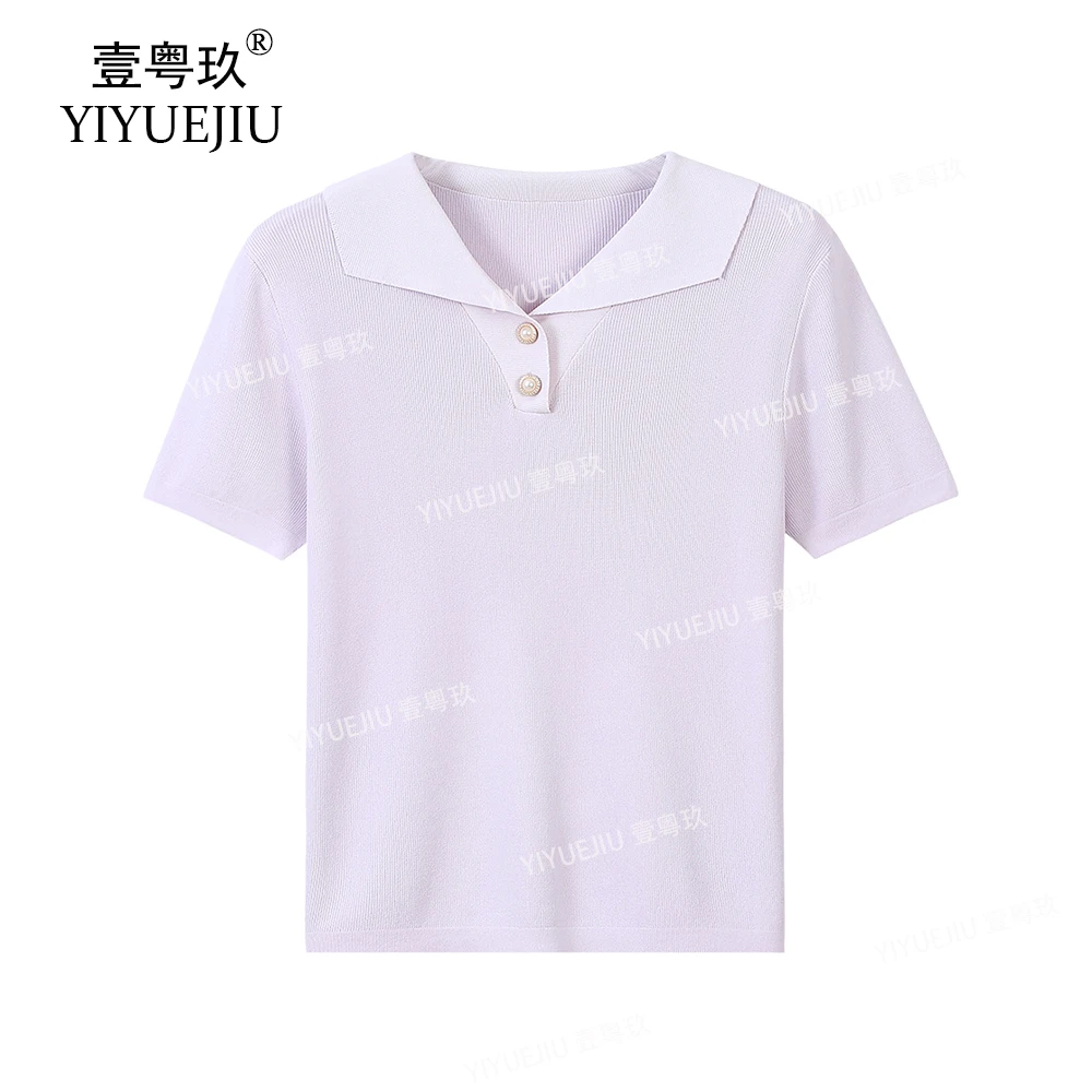 【现货】夏季冰麻韩系针织衫短袖女百搭翻领T恤简约休闲设计感上衣