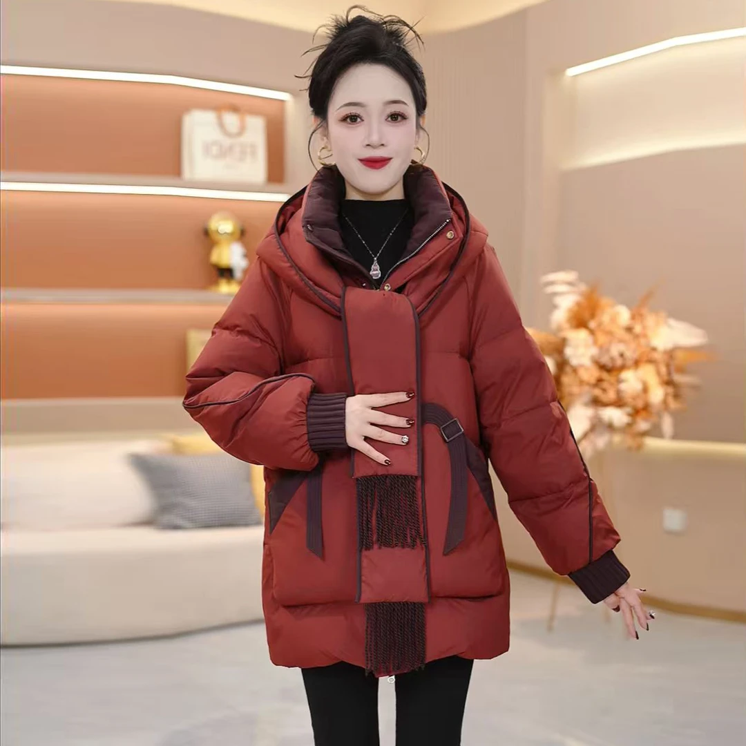 安格拉红连帽围巾保暖时尚洋气过膝羽绒服宽松冬装新款SJYH3536