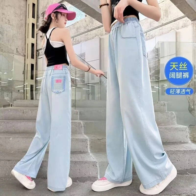 夏季女童牛仔裤夏季薄款2025新款夏装大童字母直筒裤儿童裤