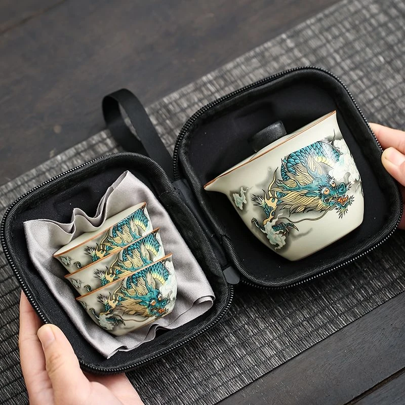 FL龙腾汝窑旅行茶具套装快客杯一壶三杯陶瓷便携式茶具1405