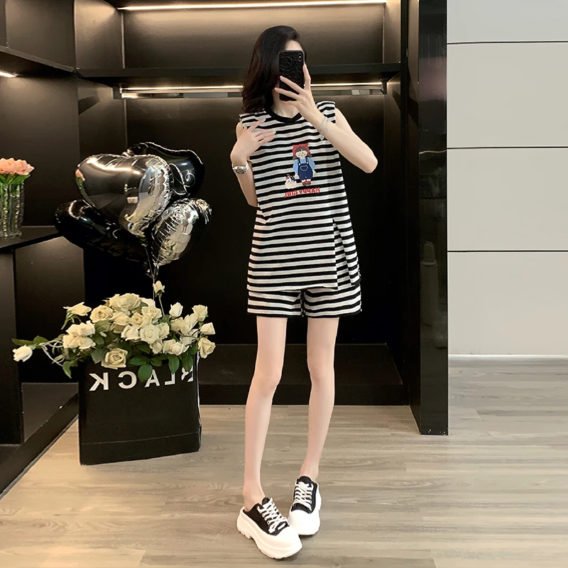 女装夏装套装个性时尚2025新款爆款条纹宽松无袖T恤短裤两件套潮