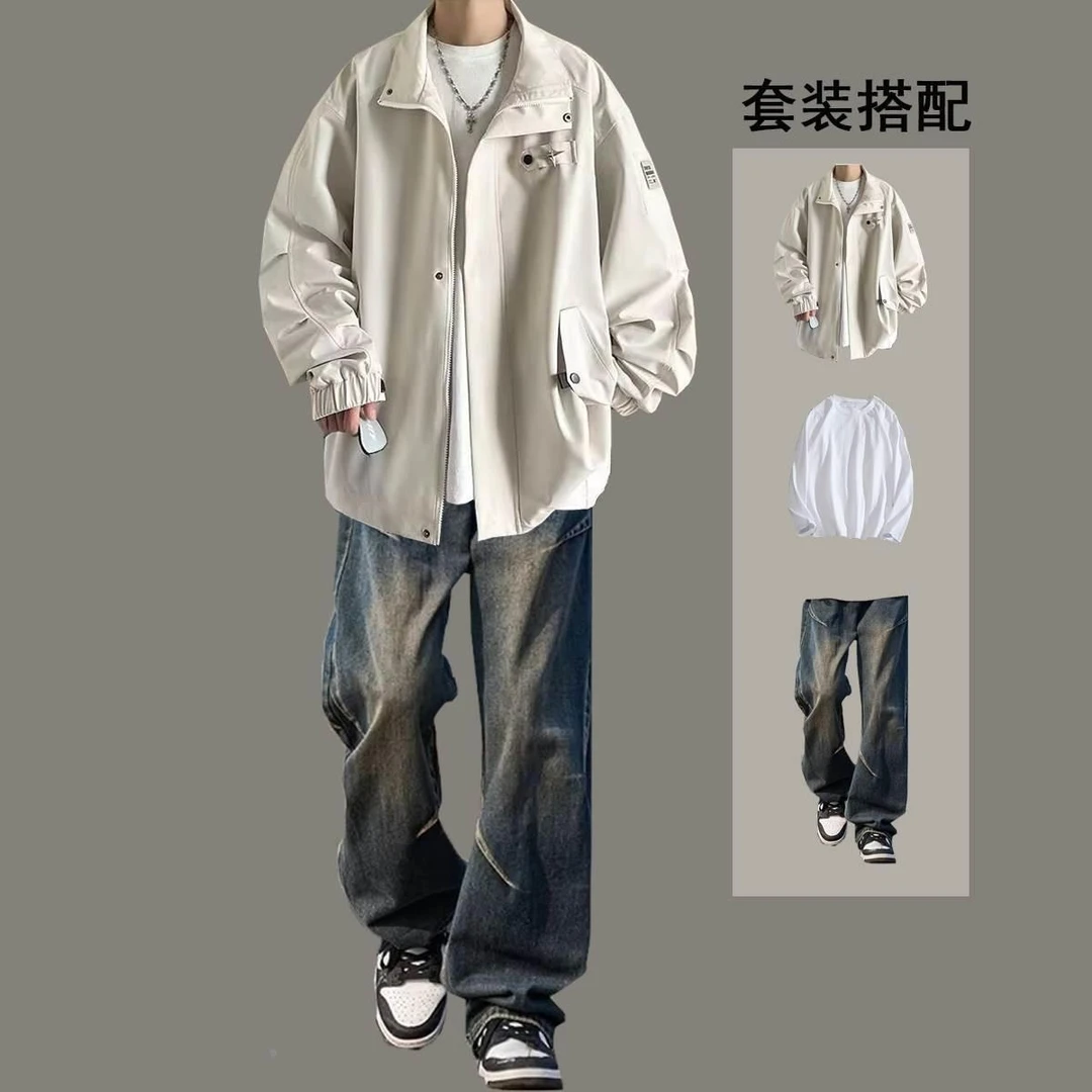 春秋季美式潮牌痞帅工装夹克外套复古牛仔裤穿搭一整套休闲套装男