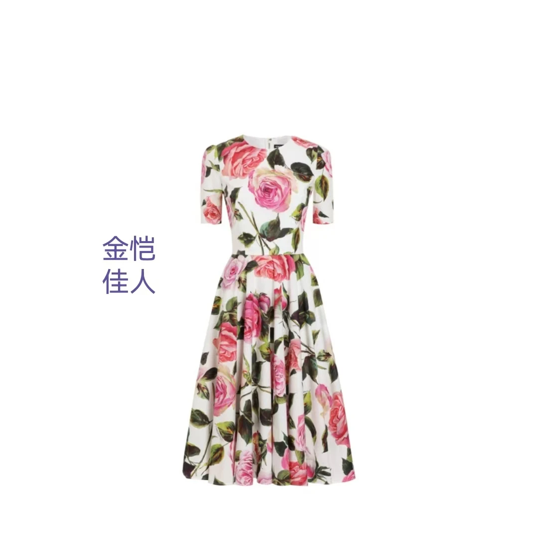 金恺佳人高端优雅大气质新款女士高级感玫瑰印花棉质娃娃连衣裙DG