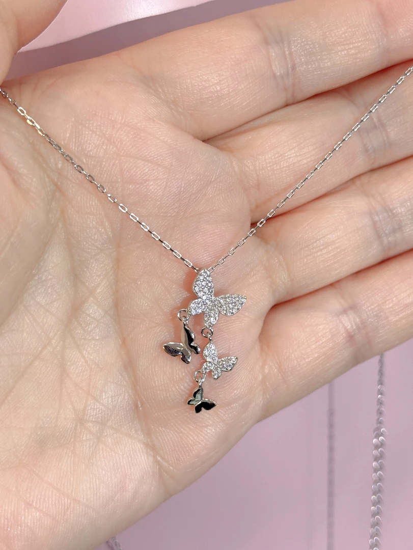坠链均925银锆石 银925纯银项链银色吊坠蝴蝶满钻优雅精致送女友