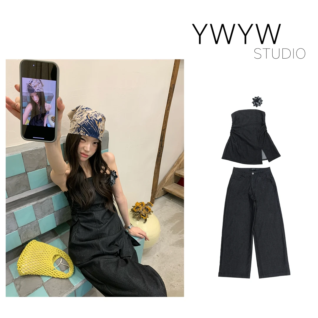 复古水洗开衩下摆牛仔抹胸上衣胸花配饰+直筒水洗牛仔裤套装5108