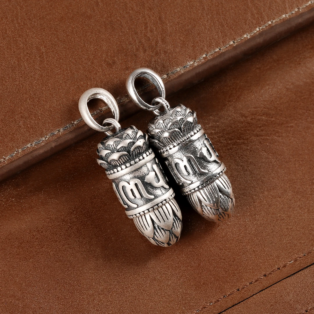 吊坠足银 国潮复古做旧六字真言吊坠男女重工空心莲花嘎乌盒项坠