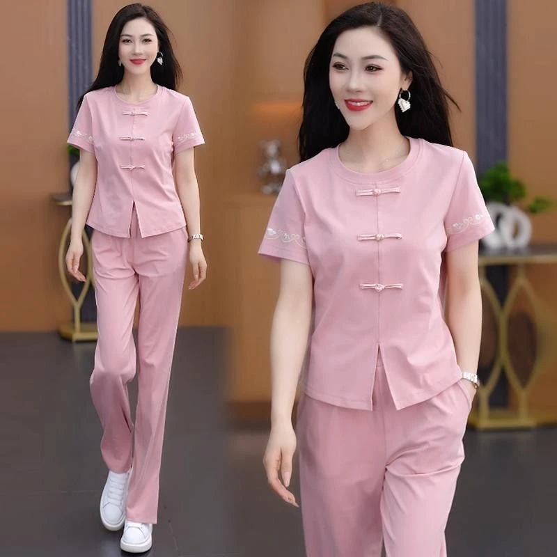 新中式国风休闲套装夏季短袖长裤时尚遮肚显瘦中老年减龄气质盘扣