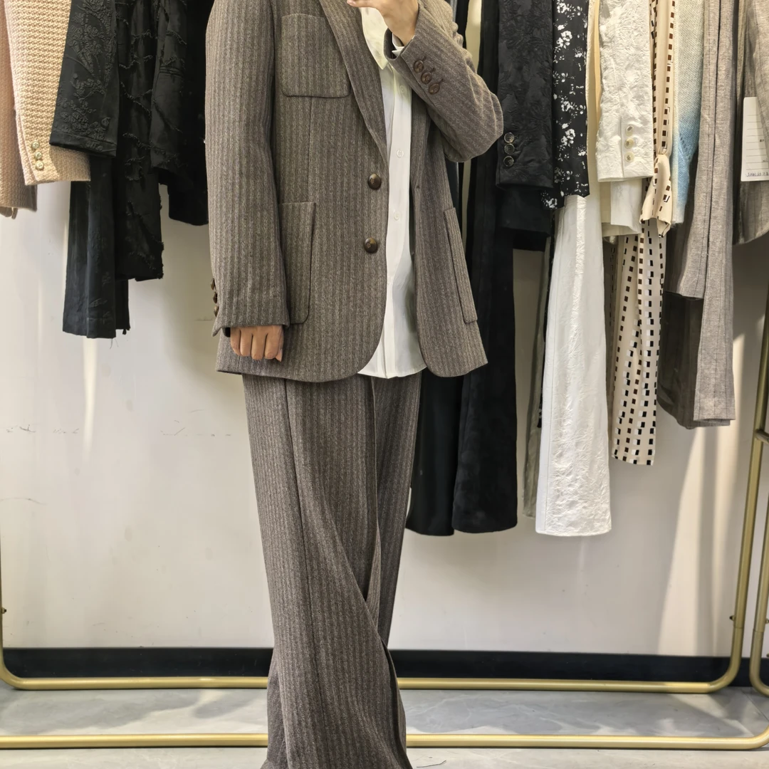 时尚加厚休闲秋冬羊毛条纹高定意式套装商务复古气质