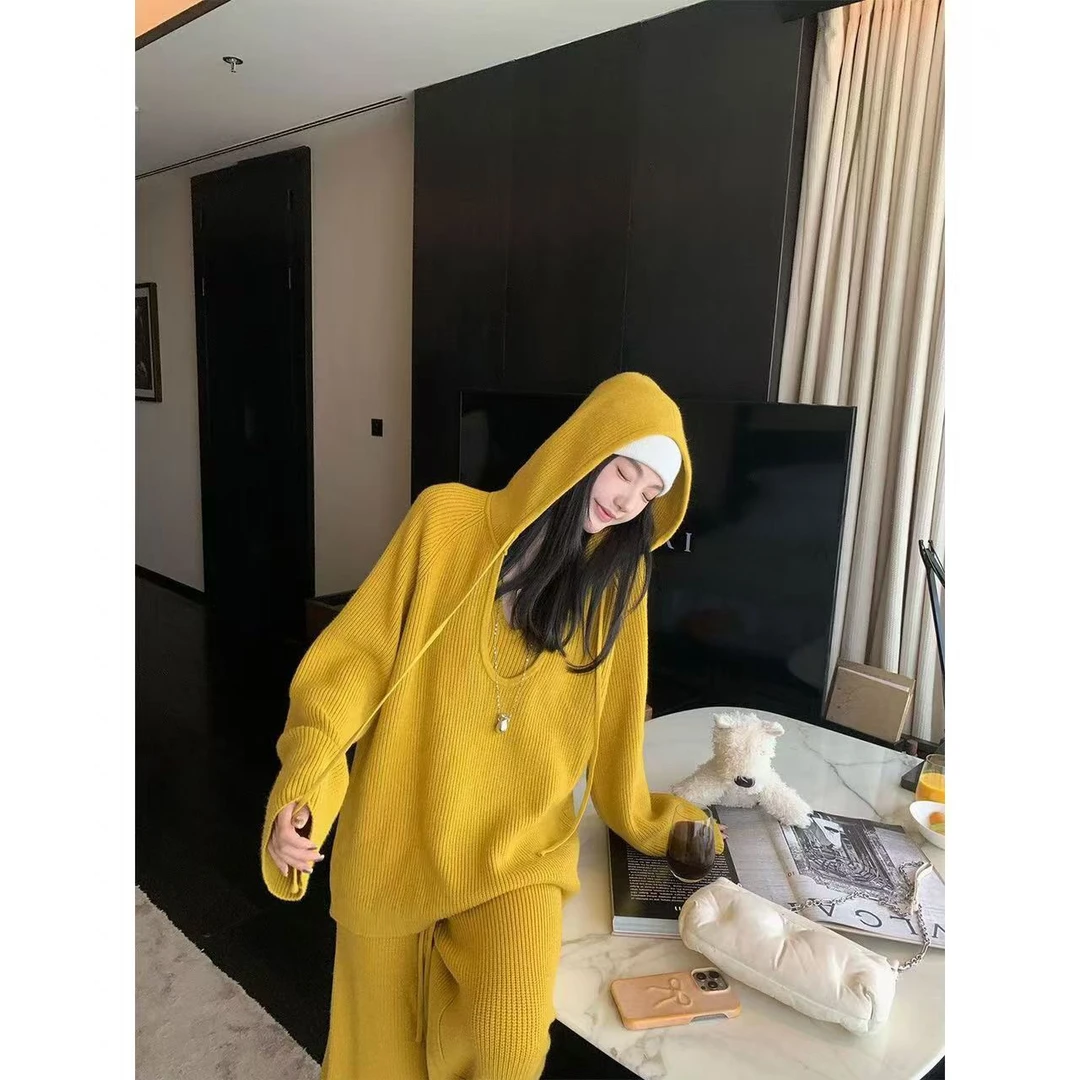 连帽针织衫女慵懒风毛衣外套长袖复古上衣+长裤套装