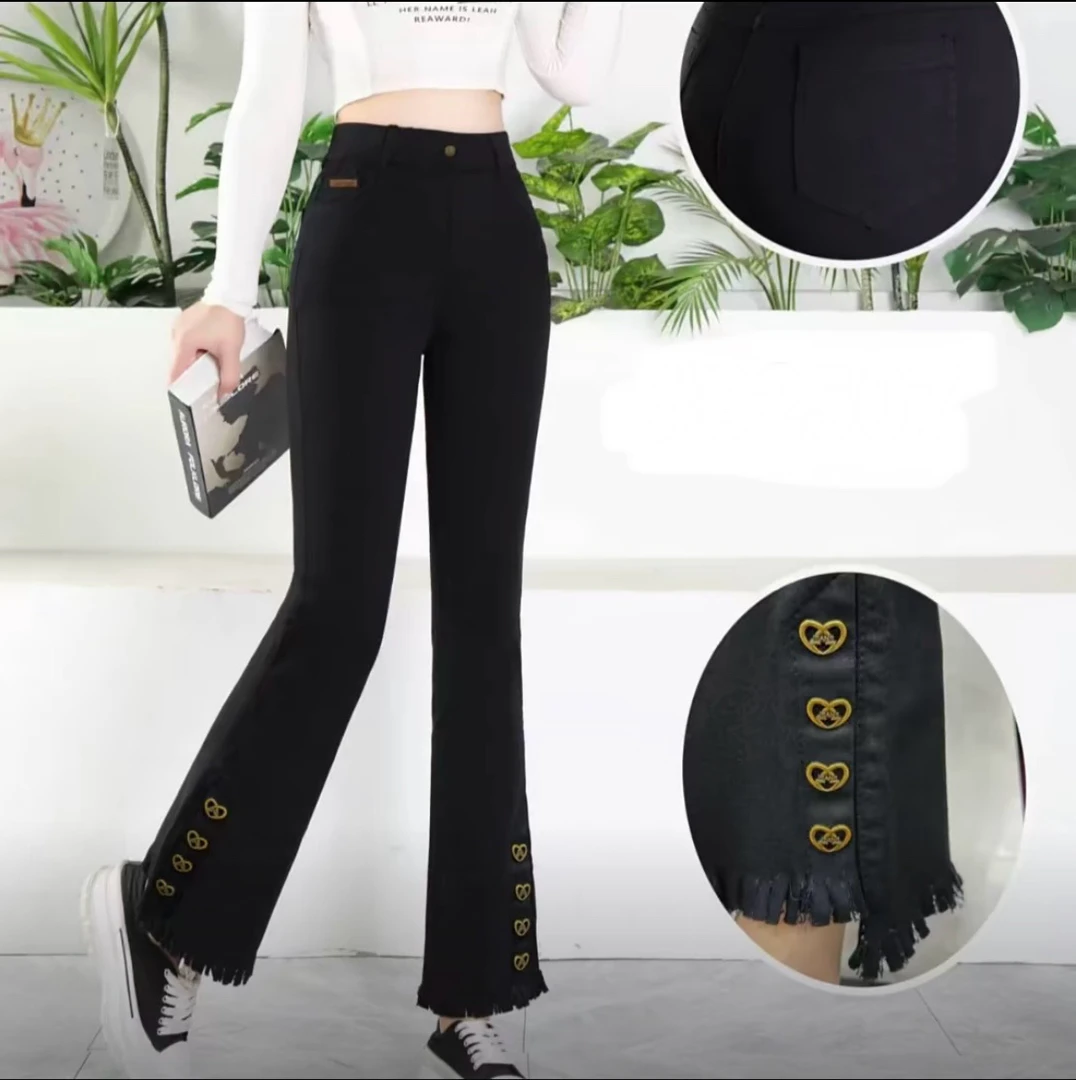 【桃心流苏微喇小黑裤】2025春季新款弹力韩国棉时尚百搭欧韩九分裤