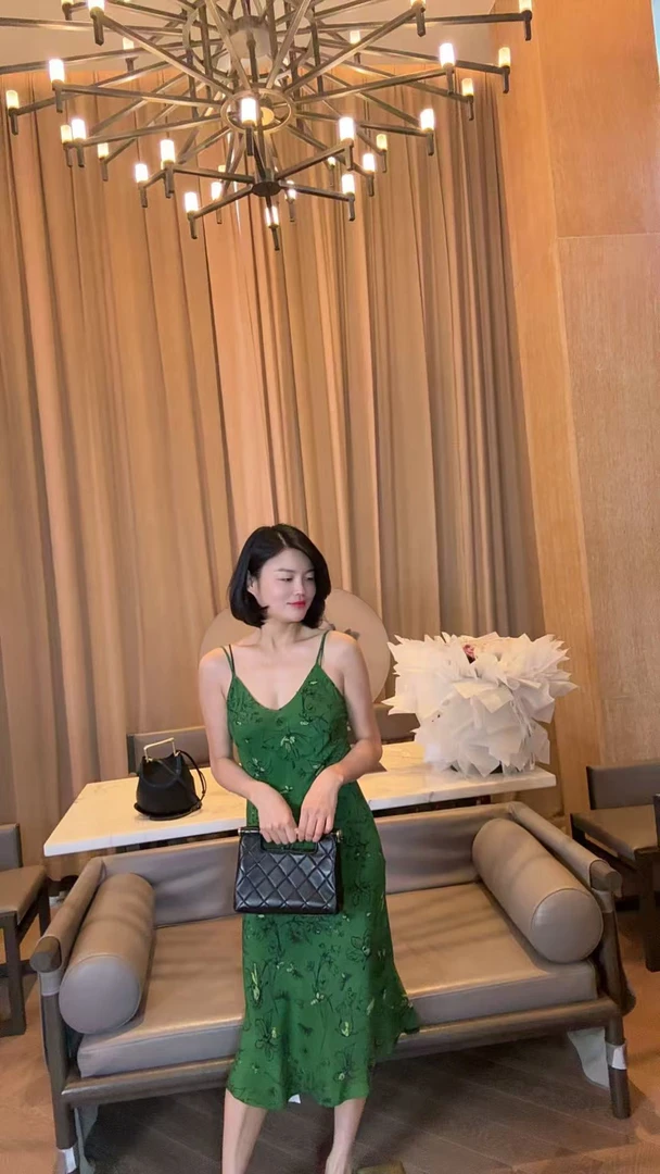 TANTAN  真丝 气质时尚绿色印花吊带裙1936