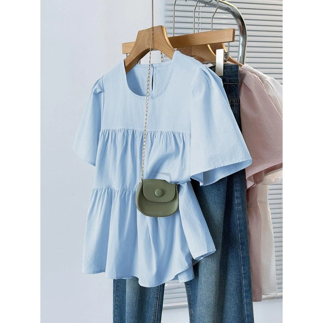 微胖mm大码女装甜美减龄设计感拼接圆领短袖小衫夏季宽松显瘦上衣