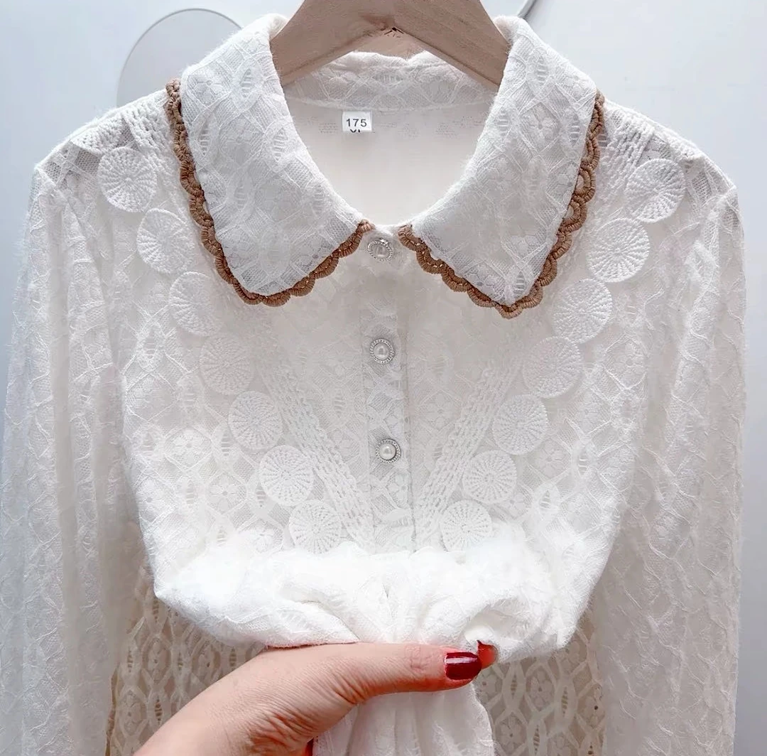 20#拼色花边娃娃领蕾丝长袖加绒衬衫显瘦遮肉减龄上衣时尚韩版女