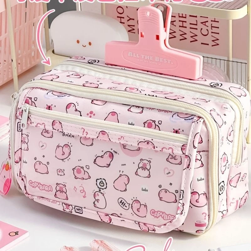 【藏疆包邮】卡皮巴拉水豚粉色笔袋九层多功能卡皮巴拉小容量笔袋