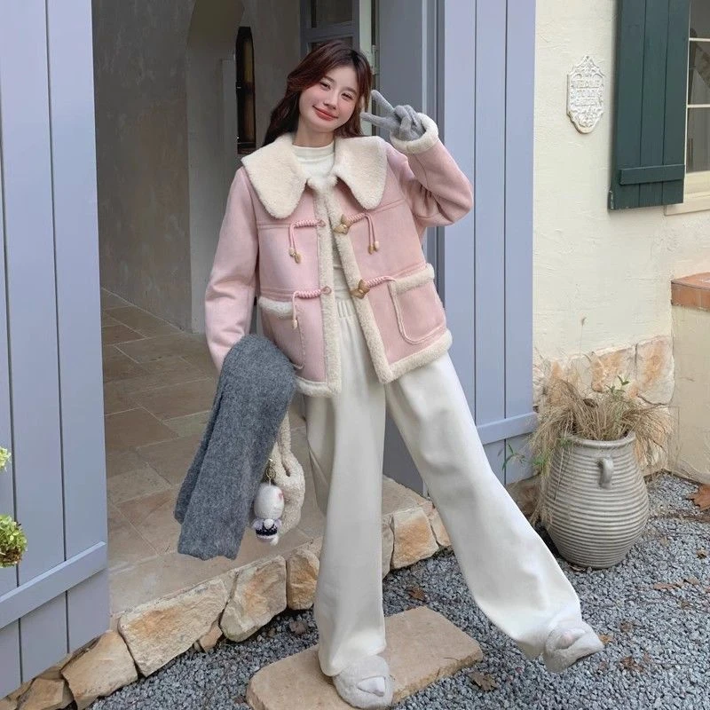 韩系秋国风盘扣加厚娃娃领粉色显瘦百搭一体外套女小个子